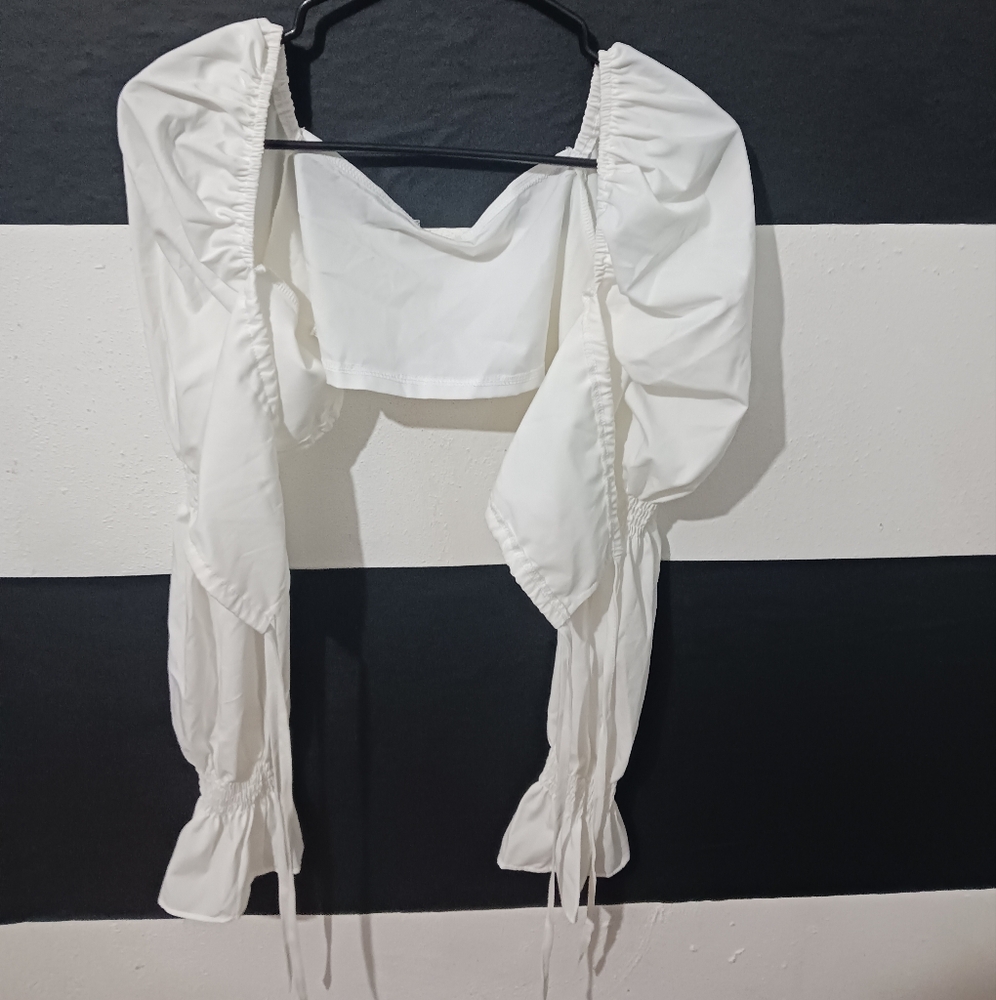 Women sexy white tie puffer elastic long sleeve top - Picture 2 of 16